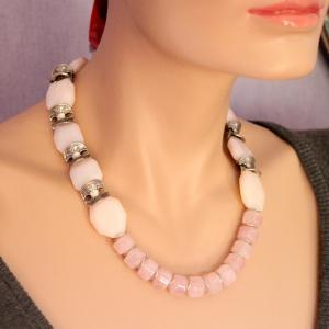 Natural Pink Opal And Rose Quartz Necklace,..