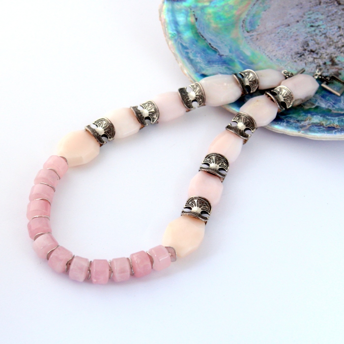 Natural Pink Opal And Rose Quartz Necklace, Gemstone Beaded Jewellery